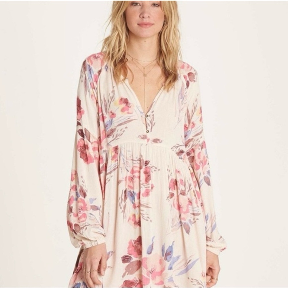 Billabong Until Tomorrow Pink Floral Gauzy Babydoll Mini Dress Boho Effortless